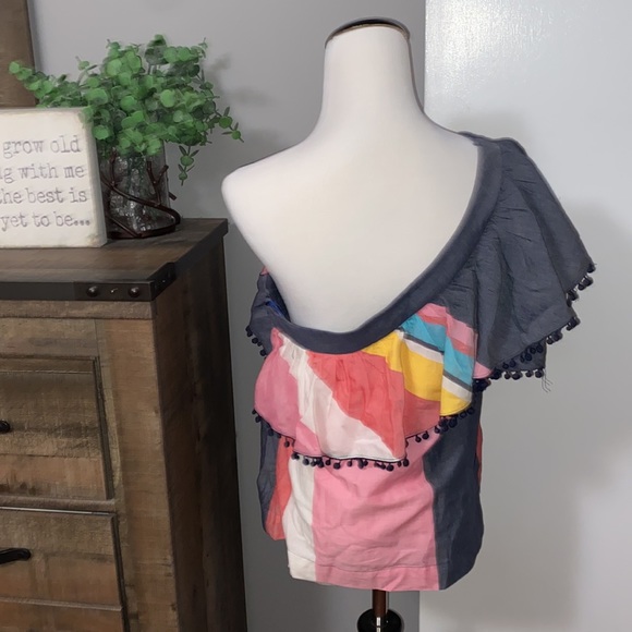 Trina Turk Los Angeles One-Shoulder Striped Cotton/ linen Blend Top size Medium - Picture 7 of 14